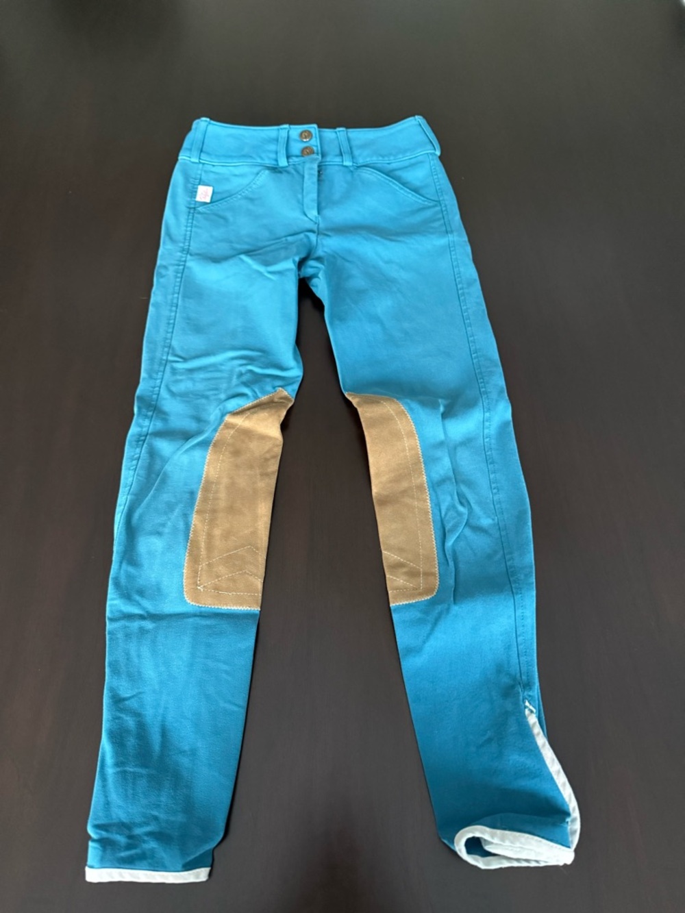 The Tailored Sportsman Teal Kids Riding Breeches with Tan Knee Patches
